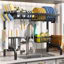 Over The Sink Dish Drying Rack, Adjustable (25.5 to 33.5 inch) 2 Tier Metal Steel Dish Drying Racks for Kitchen Counter with Hooks Paper Towel Utensil Cup Holder Sink Caddy (Black)