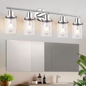 5 Lights Polished Chrome Bathroom Vanity Light,Vanity Lighting Fixtures Over Mirror, Wall Sconces with Glass Shades and Metal Base Light Fixtures for Bedroom, Living Room, Hallway