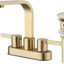 Gold Bathroom Faucet 4 Inch Centerset 3 Hole Lavatory Sink Faucet with Metal Overflow Drain, Non Rust 304 Stainless Steel, Swivel Spout, Brushed Gold