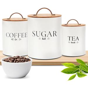 D'Lifeful Tea Coffee Sugar Canister Set 3pc Airtight Canister Sets for Kitchen Counter Farmhouse Containers for the Kitchen Decorative Countertop Storage With Airtight Lid for Freshness White