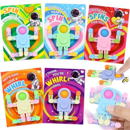 Valentines Day Gifts for Kids, 30 Pack Astronaut-Shaped Fidget Spinner POP Toys with Greeting Card for Kids Classroom Exchange, Valentine Prizes for Boys Girls School Party Favor