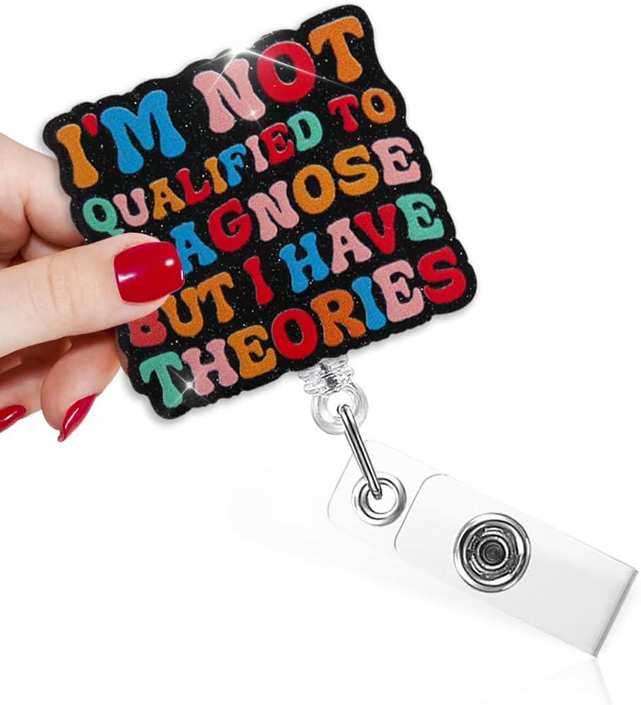 TOUNER I'm Not Qualified to Diagnose But I Have Theorise Funny Badge Reel with Black Glitter, Retractable ID Clip Holder for Healthcare Mental Health CNA Doctor, Graduation Gifts for Student Nurses