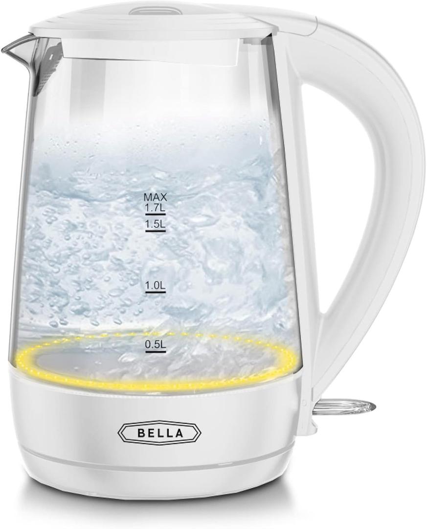 BELLA 1.7 Liter Glass Electric Kettle, Quickly Boil 7 Cups of Water in 6-7 Minutes, Soft Yellow LED Lights Illuminate While Boiling, Cordless Portable Water Heater, Carefree Auto Shut-Off, White