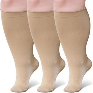 Wide Calf Compression Socks: Plus Size Compression Stockings for Men Women - Extra Large 20-30 mmHg Compression Hose Support for Travel Nurses Running Pregnancy 3 Pairs (2XL, Beige)