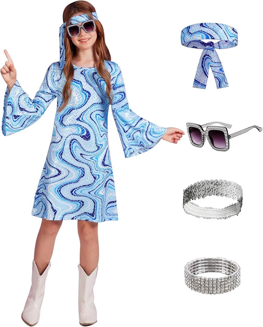 BesserBay Girl's 70s Disco Diva Costume Bell Sleeve Sequins Dancing Dress (Light Blue, 10 Years Old)