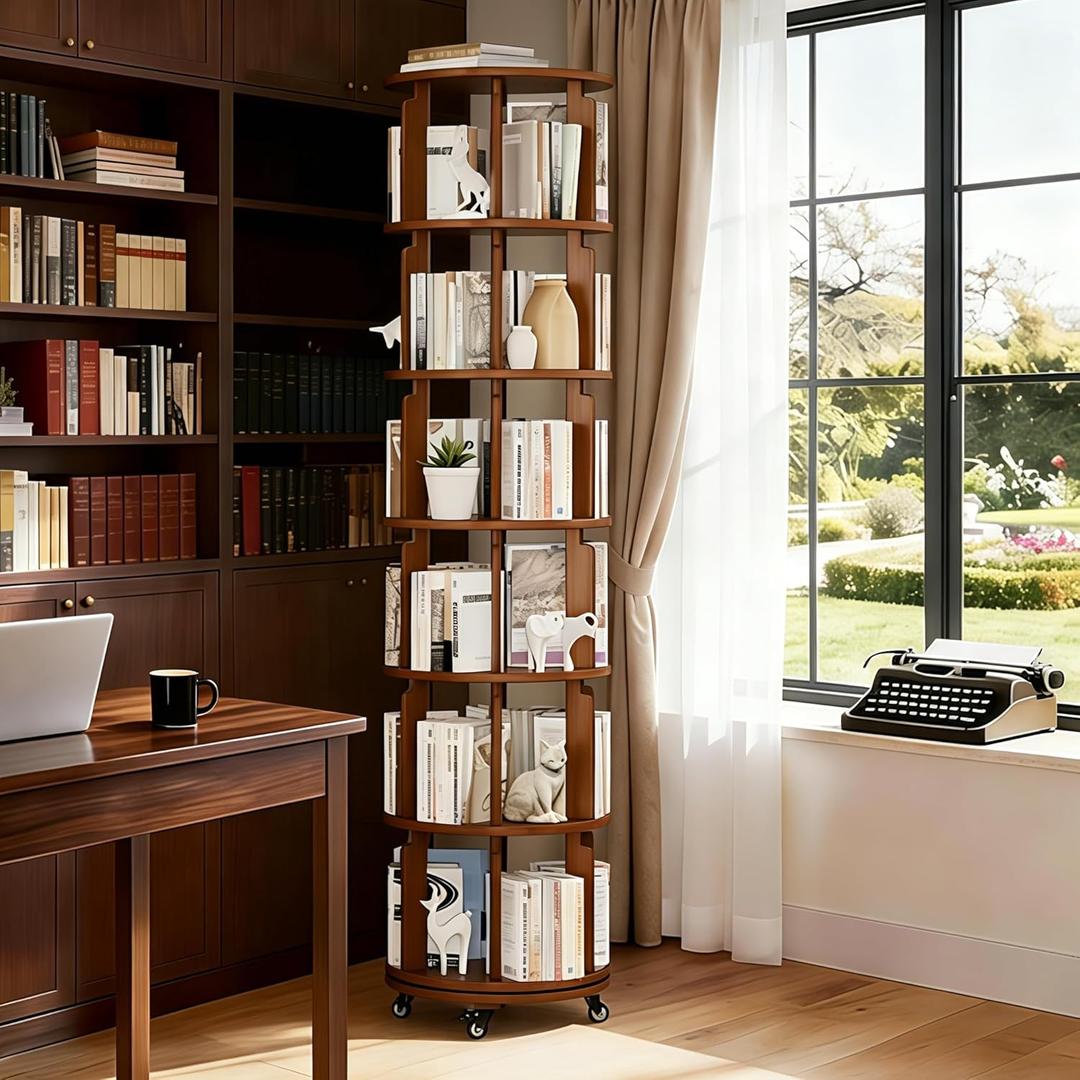 6 Tier Rotating Solid Wood Bookshelf, Spinning Bookshelf Lazy Susan on Wheels, Circular Book Shelf Rotating, Revolving 360 Book Shelf for Small Spaces, Corner Book Shelf for Bedroom (Walnut)