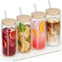4 Pack Glass Cups with Lids and Straws 16 oz Double Wall Glass Tumbler Insulated Borosilicate Iced Glass Coffee Cups for Iced Coffee, Smoothies, Tea, Juice