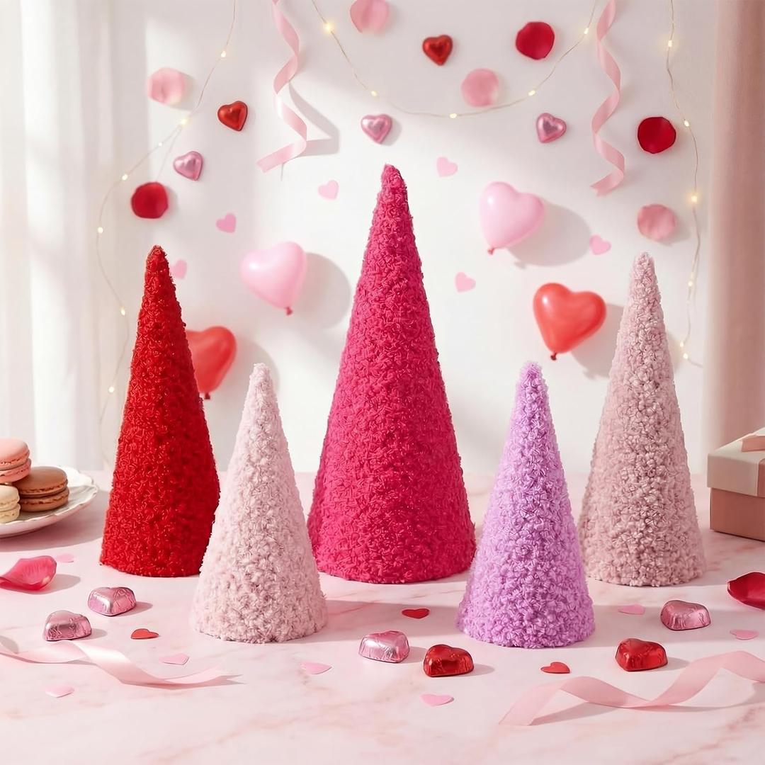 Novabright 5 Pcs Valentine's Day Cone Decoration Tree 6" 8" 10" Wool Plush Tabletop Centerpiece Decor Valentines Cone Tree Tiered Tray Decor for Home Wedding Anniversary Fireplace Shelf Decoration