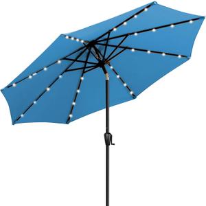 9' Round Patio Umbrella with 32 Solar Powered LED Lights, Push-Button Tilt and Hand Crank Lift, Solar Umbrella in Teal for Porch, Deck, and Patio by Sun-Ray