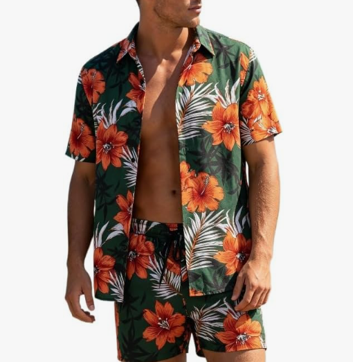 Men's Hawaiian Beach Vacation Printed Short sleeved Shirt and Shorts Set, Small
