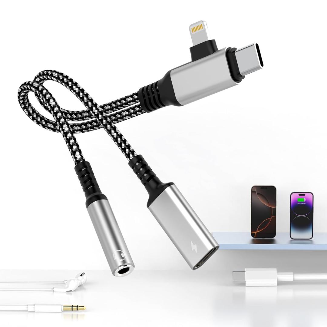 Opluz Lightning/Type C to 3.5mm Headphone and Charger Adapter, 2-in-1 USB C to Aux Audio Jack and 60W USB-C Fast Charging Dongle Cable Splitter Compatible with Phone 16 15 13 14 Pro Max,Galaxy,Pixe