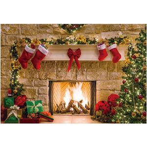 Funnytree 7x5ft Christmas Fireplace Backdrop Interior Vintage Xmas Tree Stockings Photography Background Portrait Photobooth Party Banner Decorations Photo Studio Props