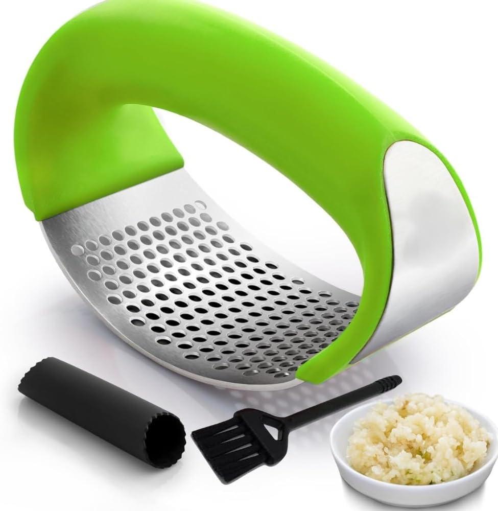Angel's Peel Lounge Stainless Steel Garlic Press Rocker Set with Silicone Garlic Peeler & Cleaning Brush  Garlic Chopper, Mincer, Grater, Crusher  Easy for Crushed Cloves  Rust-Resistant, Green