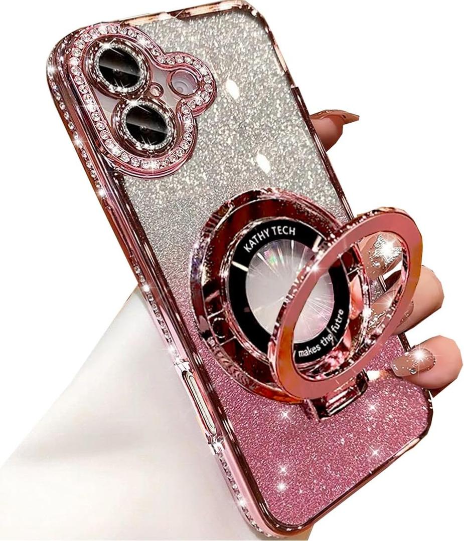 Magnetic Kickstand Glitter Case for iPhone 16, [Compatible with Magsafe] Luxury Bling Sparkly Diamond Rhinestones with Camera Lens Protector Soft TPU Women Girls Case for iPhone 16 6.1", Pink