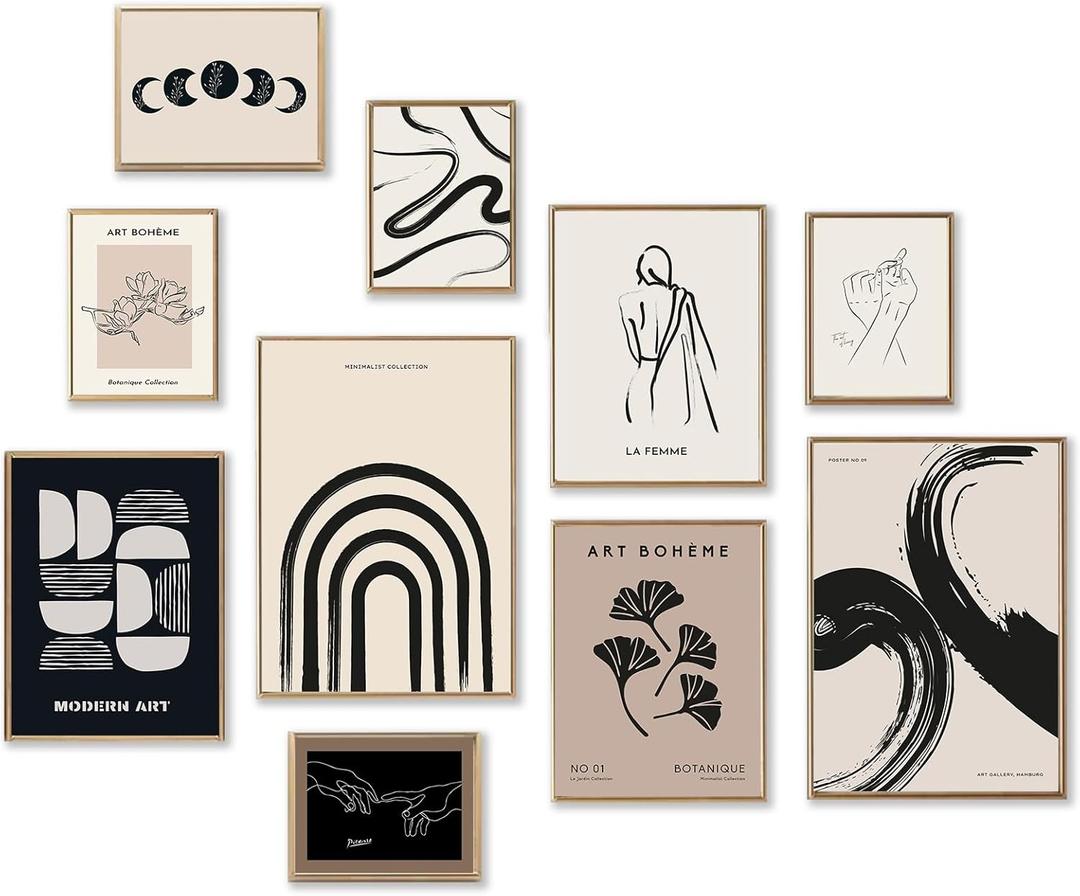 KBKBART Minimalist Boho Wall Art Prints, 8 PCs Abstract Neutral Black Beige Women Body Line Flower Canvas Art, Eclectic Home Decor for Room