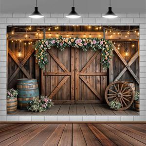 20x10ft Country Wedding Photography Backdrop Rustic Barn Door Photography Backdrop Farmhouse Pink Flower Cabin Wooden Birthday Baby Shower Wedding Bridal Party Banner Photo Booth Props Background