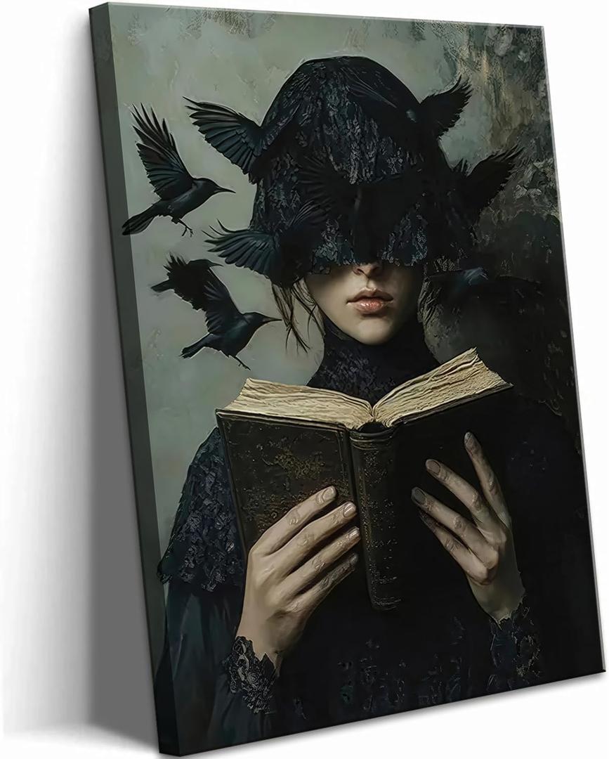 Dark Academia Canvas Wall Art Gothic Victorian Woman Reading Book Wall Decor Picture Moody Dark Crow Aesthetic Poster Print for Gallery Living Room Bedroom Home Decoration 16x24in