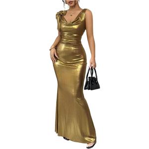 SHENHE Women's Sexy Open Back Shiny Metallic Maxi Dress Cowl Neck Bow Bodycon Cocktail Party Dress (Gold), S