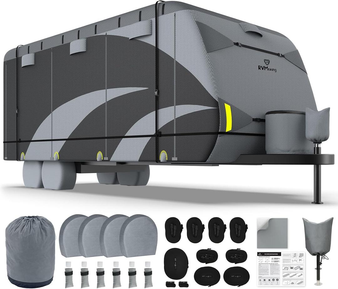 Travel Trailer RV Cover 28-31ft, 9-Layer Heavy Duty Camper Cover
Waterproof & Windproof, UV Resistant, with 4 Tires Cover, 3Pcs Extra Straps, Tongue Jack Cover, Propane Tank Covers