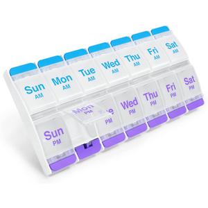 EZY DOSE Push Button (7-Day) Pill Case, Medicine Planner, Vitamin Organizer, 2 Times a Day AM/PM, X-Large Compartments, Arthritis Friendly, Clear Lids, Purple and Blue, BPA Free (Blue/Purple)