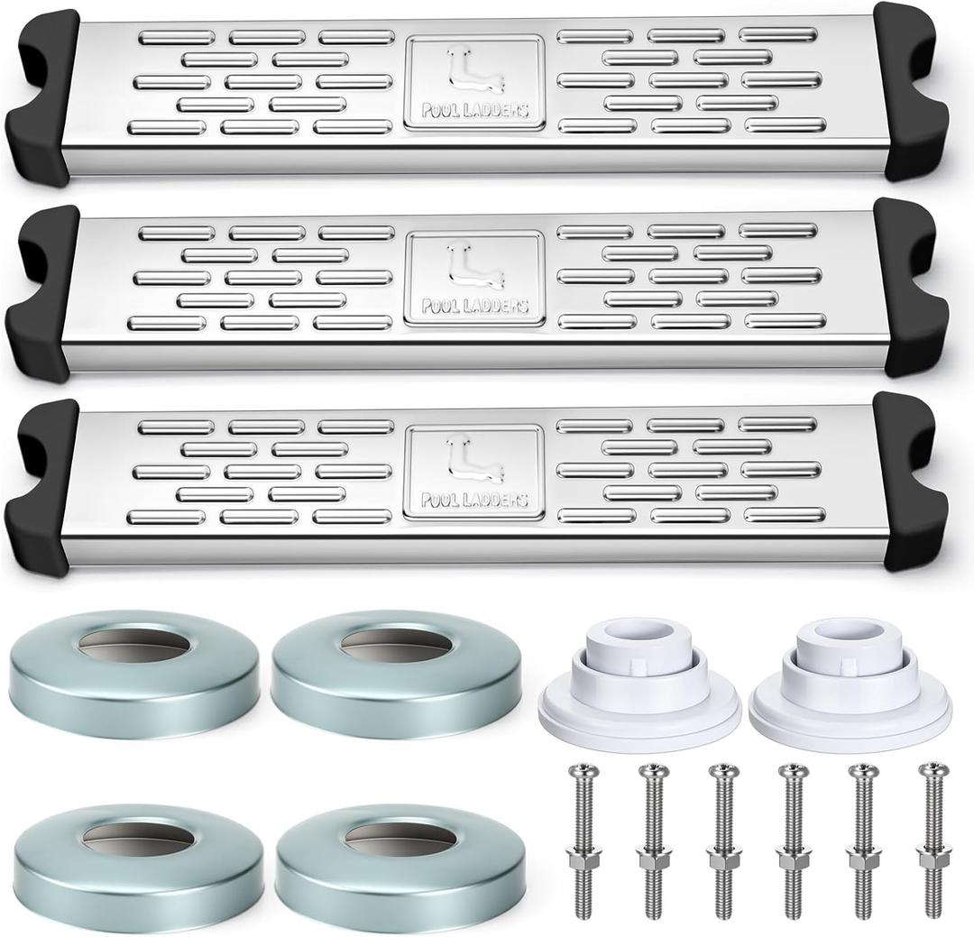 3 Pack Stainless Steel Pool Ladder Step Replacement 1.7" Swimming Non Slip Ladder Rung Step with Bumpers Escutcheon Plates,18" Heavy Duty Ladders for Inground and Aboveground Pool