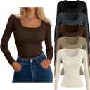 5 Pack Women's Ribbed Long Sleeve Tops Scoop Neck Cotton Shirts Slim Fit Knit Undershirts Casual Fall Basic Layer (Black, Dark Heather Gray, Brown, Khaki, Cream)