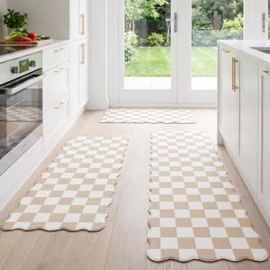 Scalloped Cream Checkered Grid Checkerboard Kitchen Rug Sets [3 PCs], Anti-Fatigue, Waterproof Non-Slip Kitchen Mats Heavy Duty Ergonomic Comfort Foam Rug for Floor, Home, Laundry,17"x29"/47"/59", 3PC-17.3"x29"+47"+59"-0.4"H