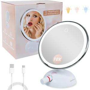 10X Magnifying Mirror with Light, Wall Mounted Vanity Mirror with Suction Cup, Portable Travel Makeup Mirror with Smart Touch Control, 3 Color Modes, Adjustable Brightness for Bathroom, Dorm