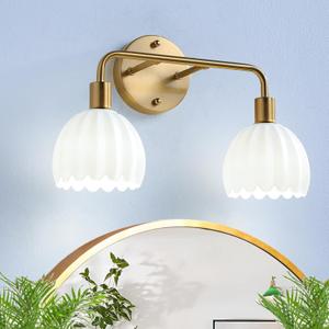 2-Light Gold Brass Bathroom Light Fixture,Wall Sconces,Brushed Gold Vanlity Light Over Mirror,Bathroom Vanity Light with White Glass Flower Shade,E26 Socket(Bulbs Not Included)