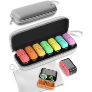 Weekly Pill Organizer, 7 Day Travel Medicine Pill case with Moisture-Proof Silicone Lid, Large AM PM Daily Pill Organizer 2 Times a Day for Vitamins & Supplements, Secure Zipper Pill Box(Rainbow)