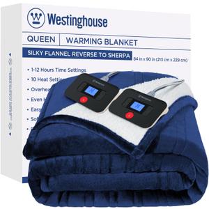 Westinghouse Electric Blanket Queen, Heated Blanket Queen Size with 10 Heating Levels and 1 to 12 Hours Heating Time Settings, Flannel to Sherpa Reversible, Machine Washable (84" x 90", Navy)