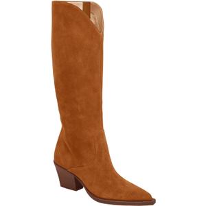 Coutgo Womens Wide Calf Cowboy Boots Suede Knee High Chunky Heel Pointed Toe Western Cowgirl Boots (7.5, Brown)