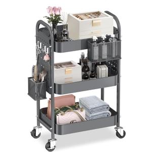 ALVOROG 3 Tier Rolling Cart with DIY Pegboards Metal Utility Cart with Wheels Handles Baskets Hooks, Storage Cart for Office Kitchen Bathroom(Gray) (Grey)