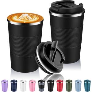 Volhoply 13 oz Stainless Steel Insulated Travel Coffee Mug with Fip Lid Bulk 2 Pack,Reusable Double Wall Vacuum Metal Coffee Cup,Portable Leak Proof Thermal Tumbler for Hot & Cold Drinks(Black,2)
