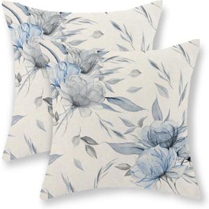 Blue Pillow Covers 18x18 Inch Set of 2 Vintage Blue and Grey Floral Throw Pillows Modern Abstract Boho Flower Decorative Pillow Cases Outdoor Linen Farmhouse Cushion Cover for Couch Sofa Decor