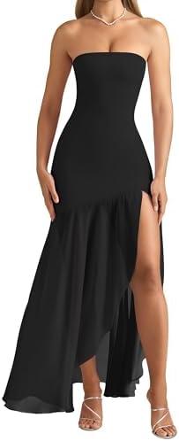 OQQ Women’s Strapless Maxi Dresses Bodycon Mesh Fishtail with Slit Wedding Guest Cocktail Party Evening Dress, Small