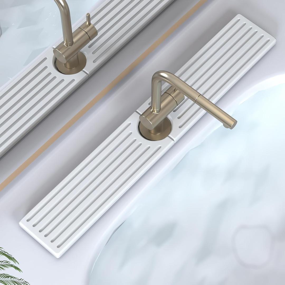 Stone Faucet Mat for Kitchen Sink, Water Absorbing Sink Water Splash Guard, Fast-Drying Kitchen Sink Faucet Mat, Durable Protector and Stone Drying Mat for Kitchen Counter Bathroom Sink (23.7" x 4", White Gray Style 3)