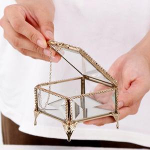 Rectangular Vintage Glass Jewelry Box with Hinged Lid,3.3x3.3x2.3Inches, Keepsake Box Storage for Rings,Trinket and More (Golden)