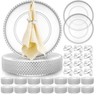 Tioncy 50 Set Clear Charger Plates Bulk Beaded Plastic Charger Plates 13 Inch, Napkin Rings, Acrylic Round Dinner Table Decorative Plate for Wedding Party Event (Clear and Silver)