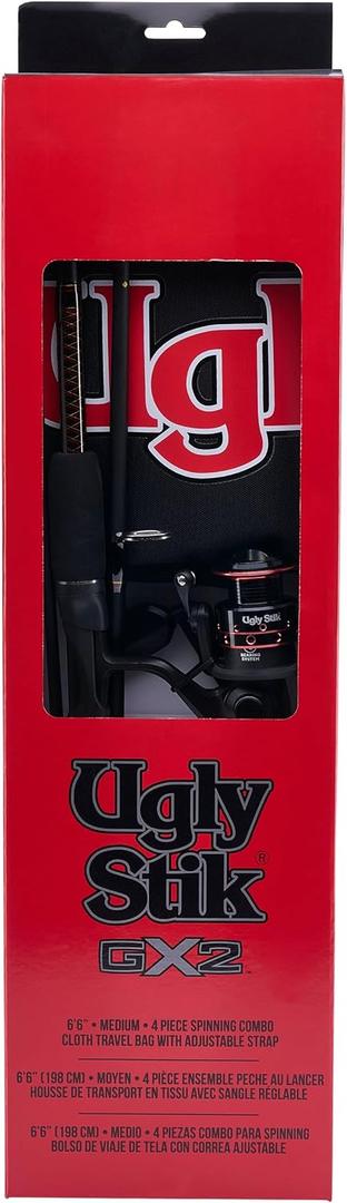 Ugly Stik GX2 Spinning Reel and Fishing Rod Combo Travel Kit, Includes Cloth Travel Bag, Graphite and Fiberglass Rod with Clear Tip Design, New Model, 30 Size Reel - 6' - Medium - 4pc