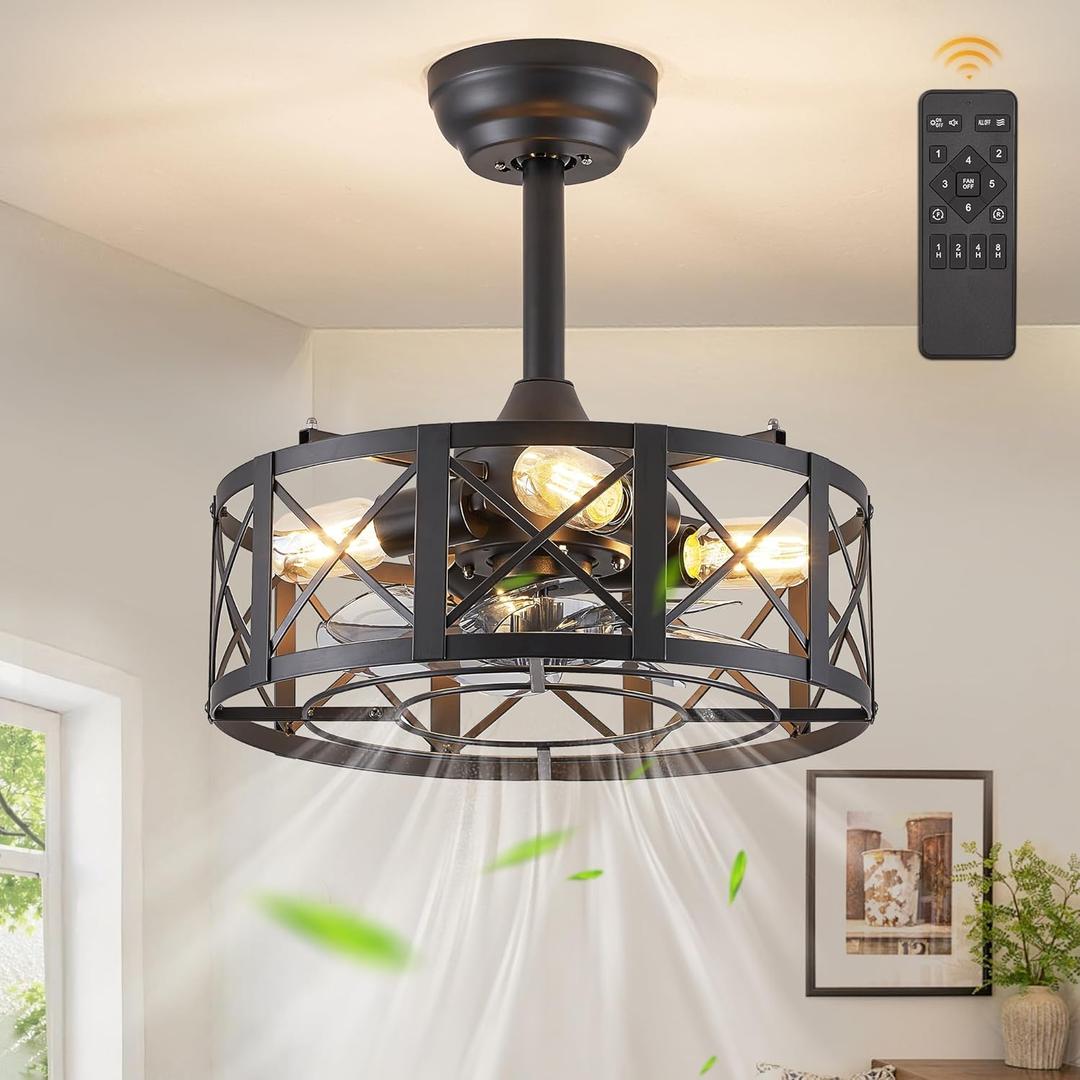 16in Caged Ceiling Fans with Lights and Remote, Black Fandelier Ceiling Fan with 6 Speeds and Timing, Farmhouse Samll Fan Lights Ceiling Fixtures For Kitchen, Bedroom, Outdoor-Black X (Black X-Shape)