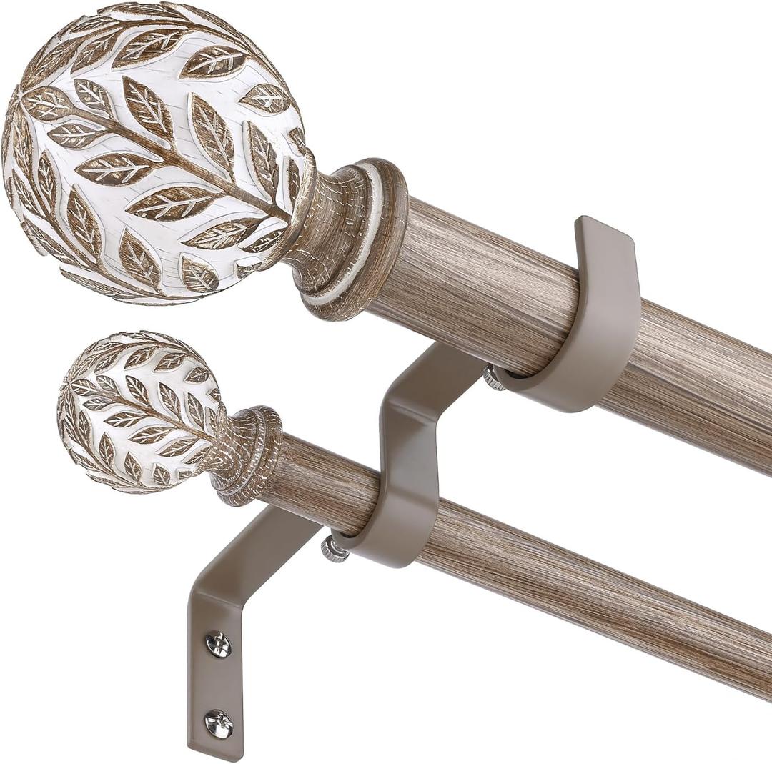 Double Curtain Rod, Boho Wood Decorative Long Dual Curtain Rods for Windows 84 to 120 Inch, 1" Adjustable Heavy Duty Double Rod, Handmade Imitation Weathered Wood Grain Leaf Finial Design