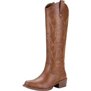 Jeossy Women's Cowboy Boots Embroided Western Cowgirl Boots Square Toe Knee High Pull on Wide Calf Shoes with Inside Zipper, Brown, 8