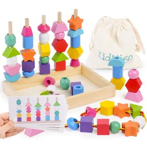 Montessori Toys for 3 Year Old, Stacking Toys for Toddlers, Stacking Blocks, Lacing Beads, Matching Shape Preschool Toys, Montessori Toys for 3 4 5 Year Olds with Canvas Storage Bag