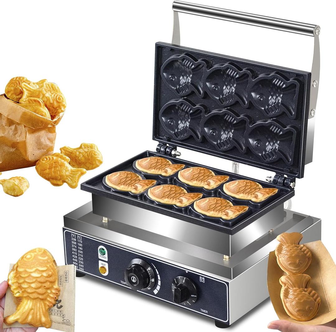 Commercial Taiyaki Fish Waffle Maker Machine,1600W Non-stick Electric Japanese Fish Shaped Waffle Cones, Stainless Steel Professional Taiyaki Machine,Making 6 Mini Closed-Mouth Fish waffles 110V