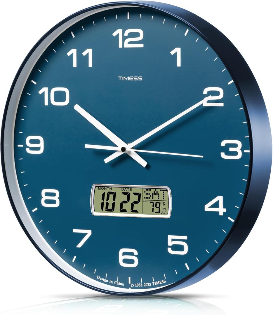 Wall Clock, 14" Large Dial Non-Ticking Silent Battery Operated Analog with LCD Display for Perpetual Calendar and F Temperature, Ideal Modern Home, Bedroom, Kitchen, Office Decor (Blue)