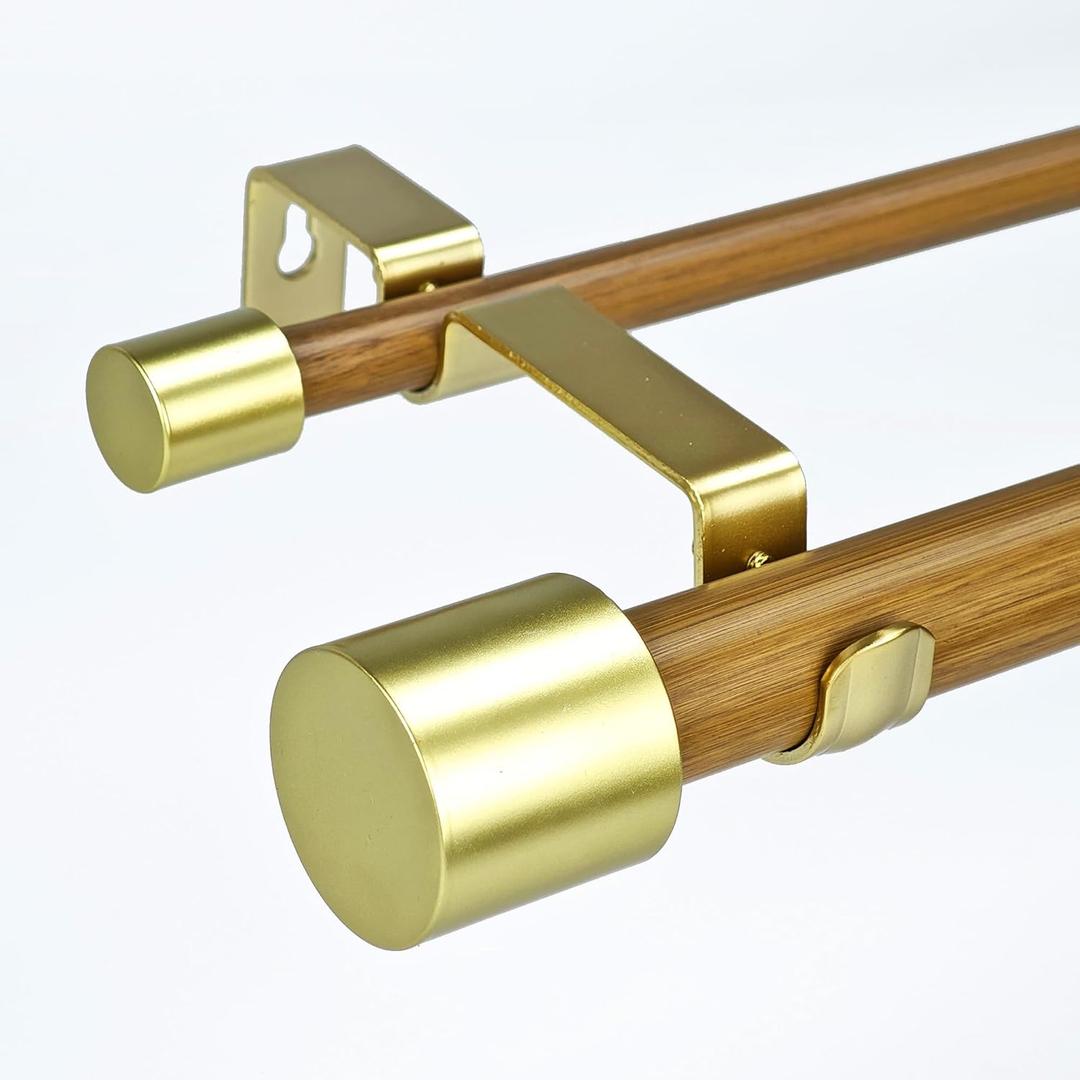 1-1/8 Inch Diameter Wood color Curtain Rods with Cap Finial, 72-144'' Telescoping Faux Wood Design Double Curtain Rods for window width 68-140 inch, 1 pack