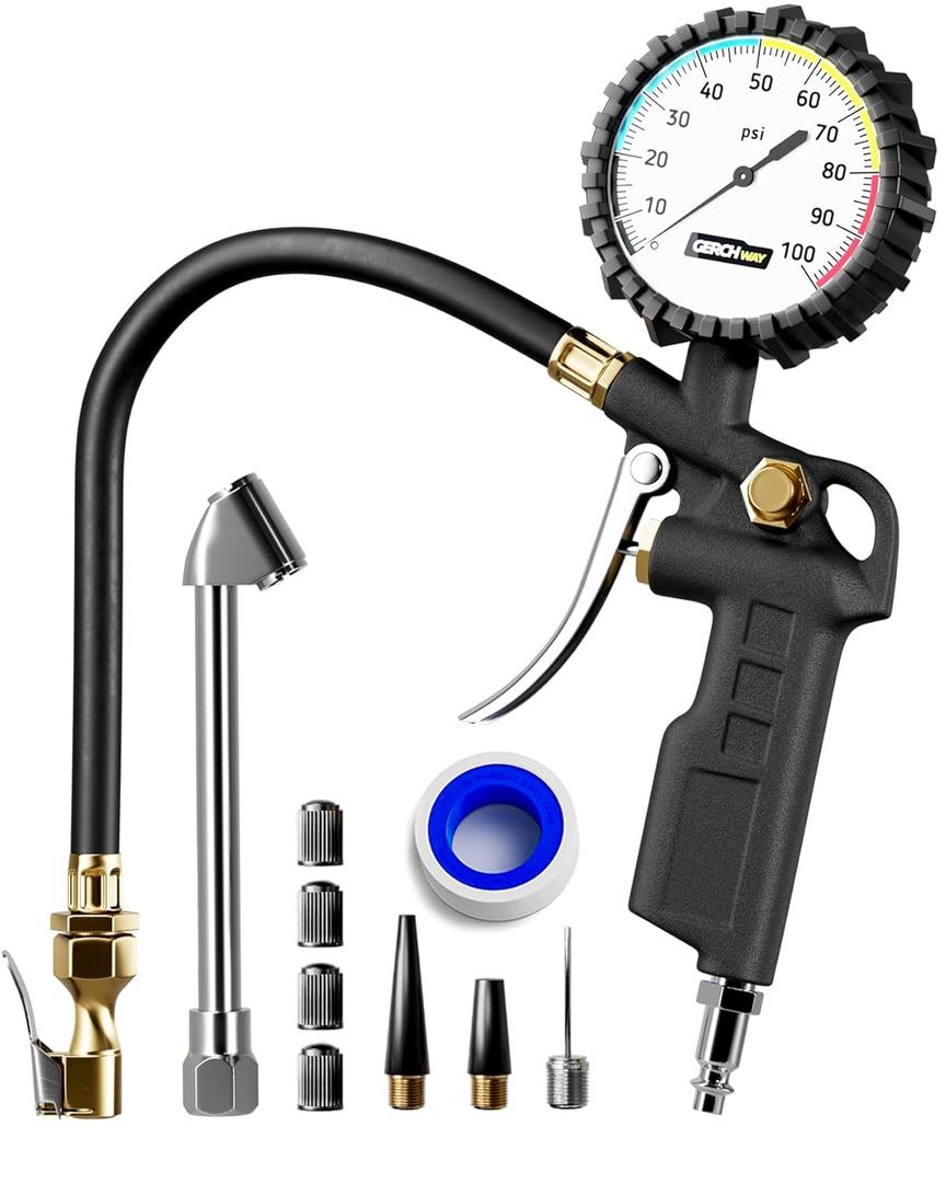 Tire Inflator with Pressure Gauge  Large Glow Dial, Swivel Air Chuck with Gauge and Air Compressor Accessories  100 PSI