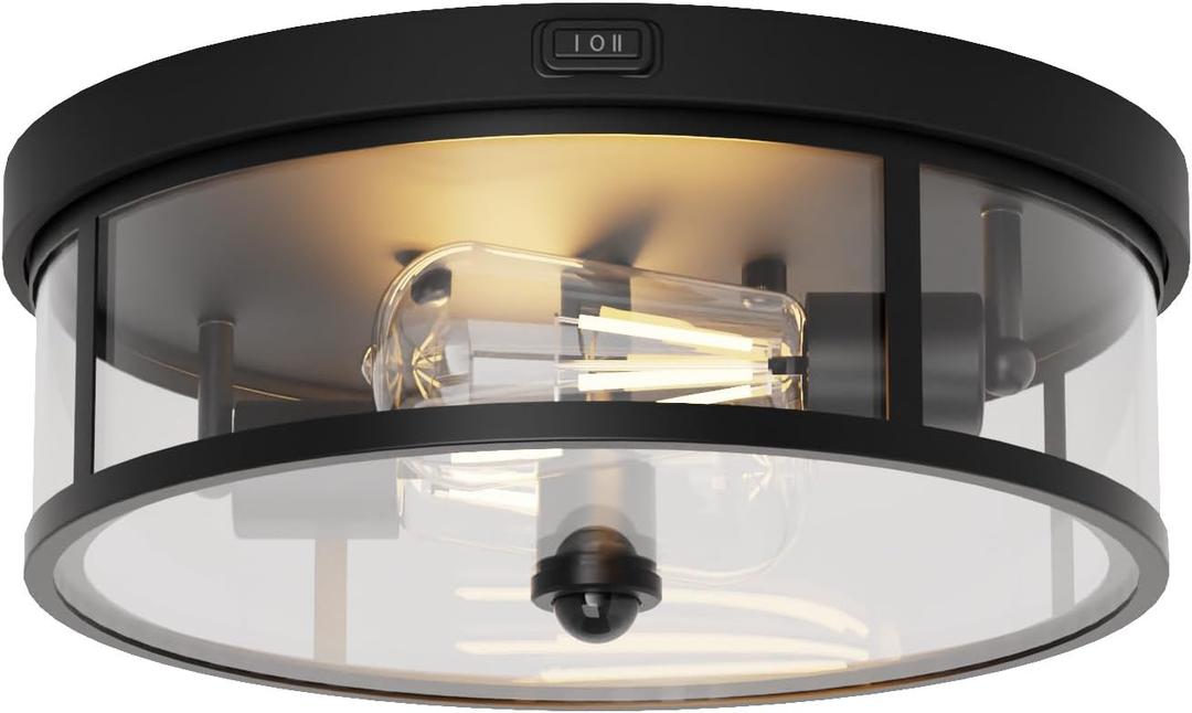 Outdoor Flush Mount Ceiling Light - 12.5in Motion Sensor Porch Light, 2-Light E26 Socket, Durable Iron & Clear Glass, Light Fixtures for Porch, Driveway, Covered Patio, Farmhouse