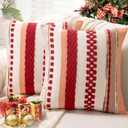 Boho Throw Pillow Covers 18x18 Set of 2 Christmas Decorative Cushion Case Striped Square Pillows Cover Chenille Pillow Cases Accent Neutral Pillowcase for Sofa Couch Bed,Red